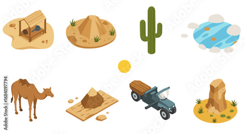 Desert life elements with isometric style cactus, camel, and dunes on white background