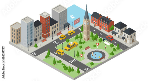 Charming city park with clock tower and yellow taxis in isometric perspective