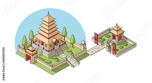 Isometric asian temple complex illustration with pagoda and courtyard design