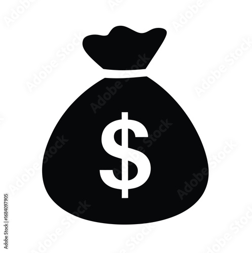 Black and white illustration of a money bag with a dollar sign indicating wealth