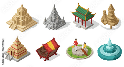 Isometric ancient temples and cultural landmarks collection