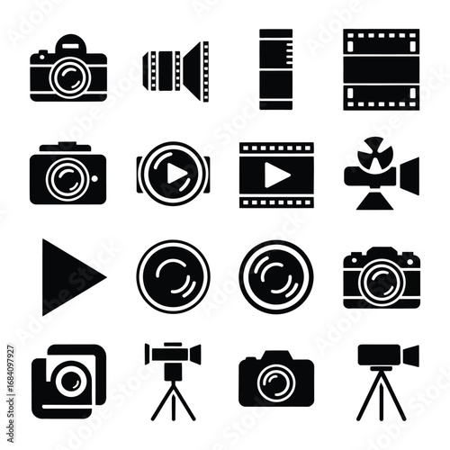 A diverse collection of black silhouette icons showcasing essential photography and videography equipment and concepts, ideal for modern multimedia and creative design projects