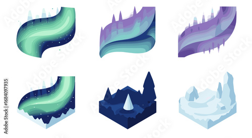 Abstract arctic landscapes with aurora borealis in modern geometric style