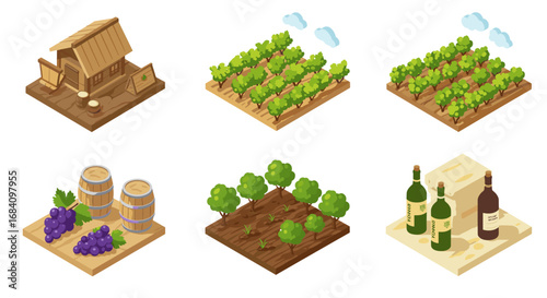 Isometric vineyard and winery elements featuring grapes, barrels, and bottles