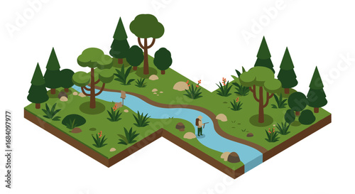 Isometric forest landscape with river and hiker exploring nature
