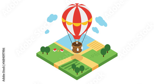 Isometric hot air balloon over scenic landscape with fields and trees