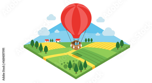 Colorful hot air balloon over scenic landscape in isometric style