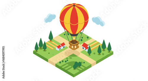 Colorful hot air balloon floating over isometric countryside landscape
