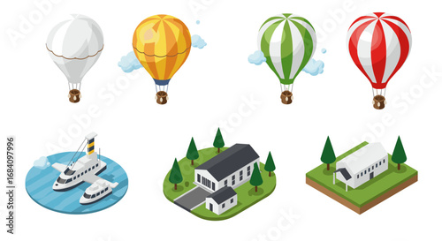 Isometric hot air balloons and buildings with cruise ship elements in icon set