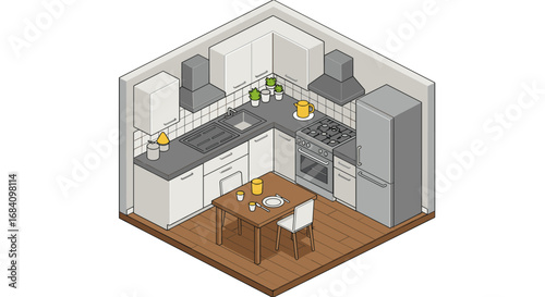Modern isometric kitchen design with appliances and dining area in neutral tones