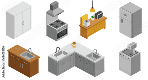 Isometric kitchen elements set with cabinets, appliances, and fixtures