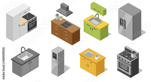 Modern kitchen appliance set in isometric design for interior inspiration