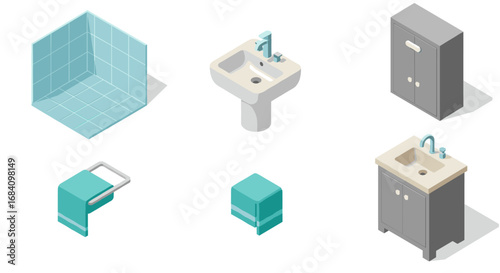 Isometric bathroom set with sink, cabinet and fixtures