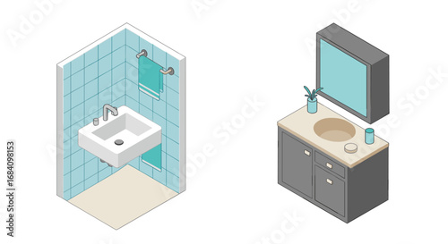 Modern isometric bathroom interior with sink and vanity design elements