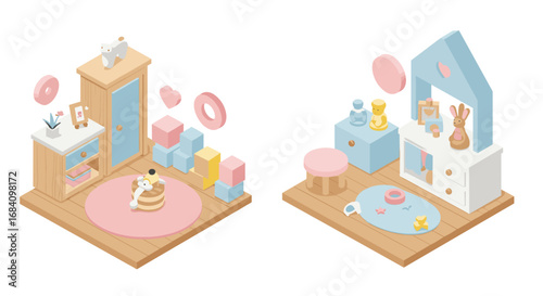 Isometric nursery room decor with pastel colors and toys