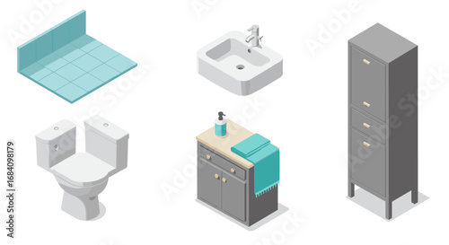 Isometric bathroom elements with sink, toilet, cabinet, and tiled wall