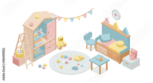 Charming pastel playroom with toys and furniture in isometric design