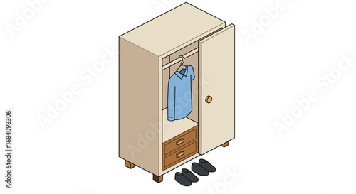 Isometric wardrobe with open door revealing blue shirt and shoes
