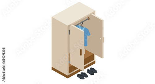 Isometric wardrobe design with open doors and clothes inside
