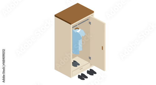 Modern isometric wardrobe with open door featuring clothes and shoes