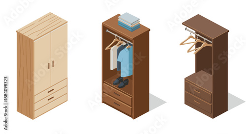 Isometric wardrobe set with clothes hangers and drawers