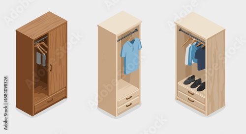 Isometric wardrobe designs with clothes and accessories in various wood finishes