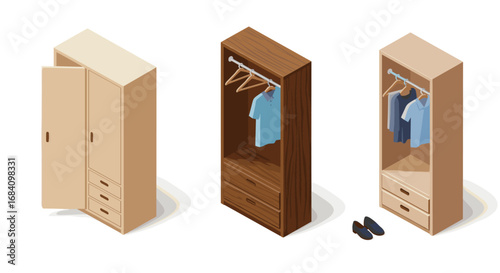 Modern isometric wardrobes with shirts and shoes in minimalist design
