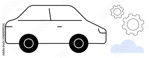 Car silhouette with mechanical gears and a cloud. Ideal for innovation, automation, transportation, technology, engineering, mobility solutions, simple landing page