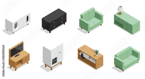 Modern isometric furniture set featuring sofas, cabinets, and tables on white background