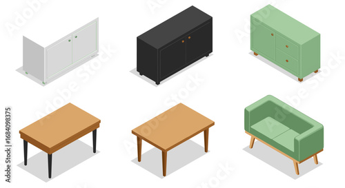 Isometric furniture set with cabinets, tables, and sofa in modern design