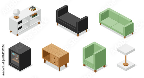 Isometric home furniture set featuring modern sofas, tables, and shelves