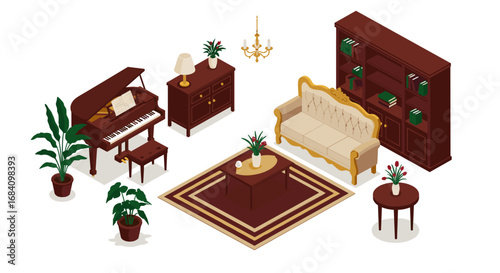 Elegant isometric living room with piano and classic furniture