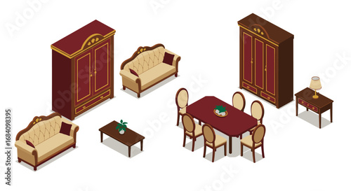 Isometric classic furniture set with sofa, table, and wardrobe