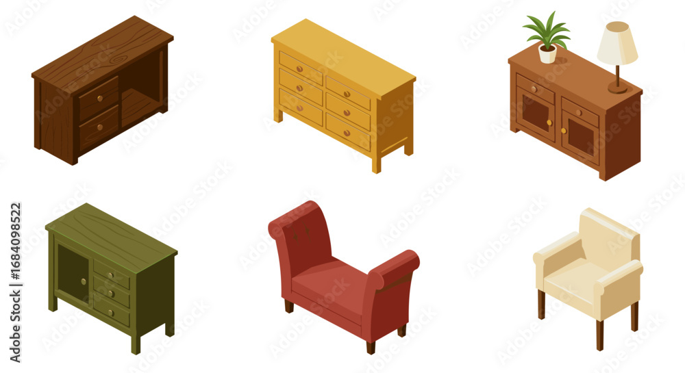 Fototapeta premium Isometric furniture set featuring modern tables, dressers, and chairs