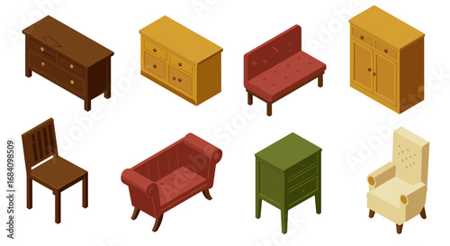 Stylish isometric furniture set featuring chairs, sofas, tables, and cabinets in earth tones