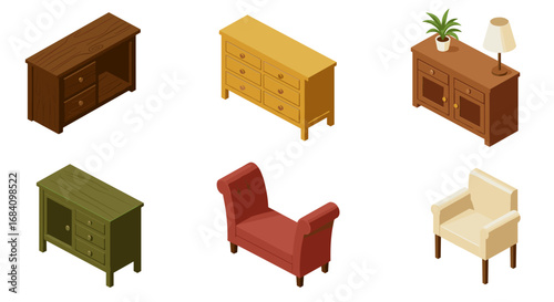 Isometric furniture set featuring modern tables, dressers, and chairs