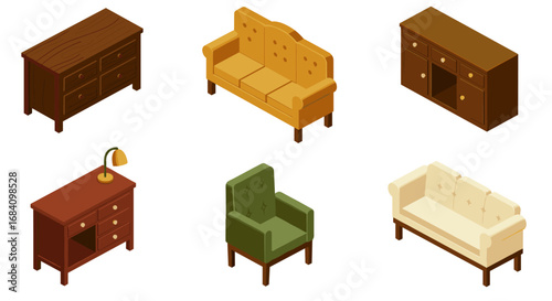 Isometric furniture set with sofa, armchair, and tables in various colors