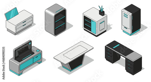 Isometric office furniture set with desks, cabinets, and shelves in modern style