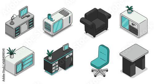 Modern isometric office furniture set with desk, chair, and cabinet
