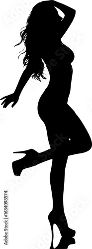 Silhouette of sexy pinup girl with long hair in dance shoes.
