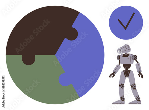 Futuristic robot beside a globe-shaped puzzle and a checkmark. Ideal for technology, AI, robotics, teamwork, global solutions, problem-solving, and innovation themes. A simple flat metaphor