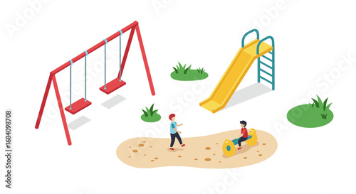 Colorful isometric playground scene with swings, slide, and children playing
