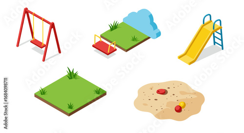 Isometric playground elements set with swing, slide, sandbox, grass