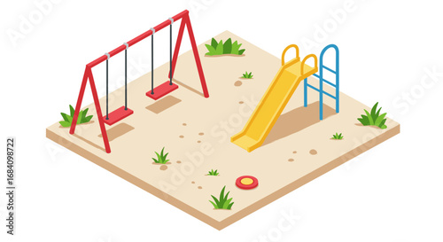 Isometric playground with slide and swings on sandy ground