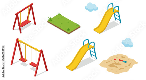 Isometric playground elements: swings, slides, sandbox, and grass
