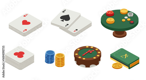 Isometric casino elements: cards, chips, poker table, and cake in flat design