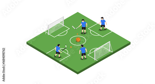 Isometric soccer infographic: players in blue jerseys on a green field