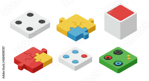 Isometric 3d puzzle blocks and dice set in vibrant colors