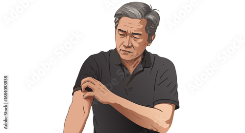 Person scratching arm. Elderly Asian man adjusting his shirt while looking thoughtful  