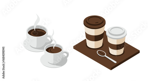 Isometric coffee cups with steam and to-go mugs on tray with spoon
